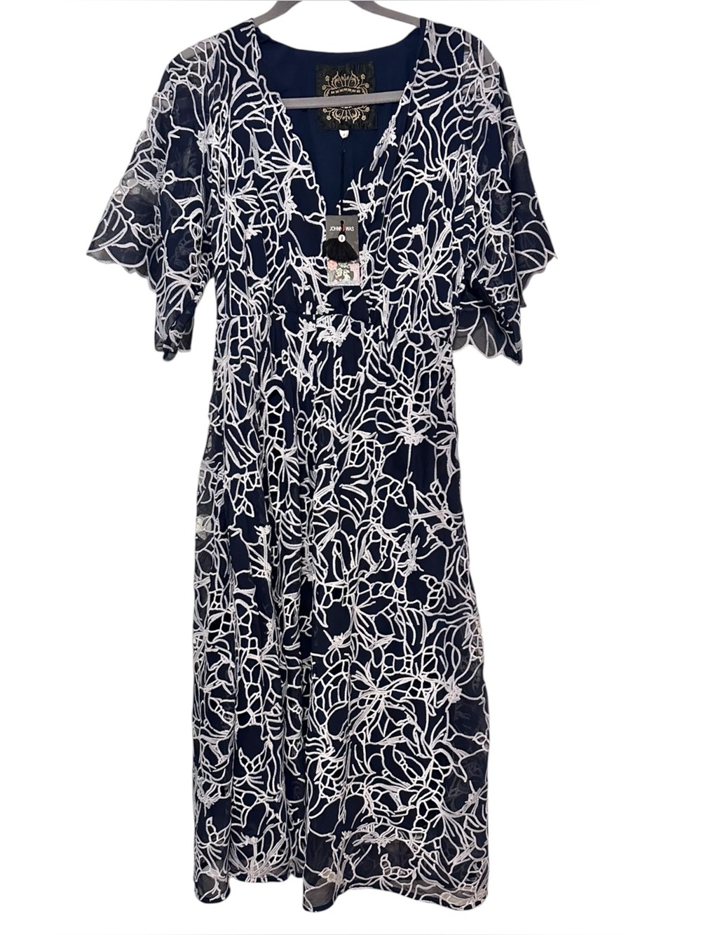 Johnny Was Navy Eyelet Bloom Midi Dress NWT Small Boho Embroidered